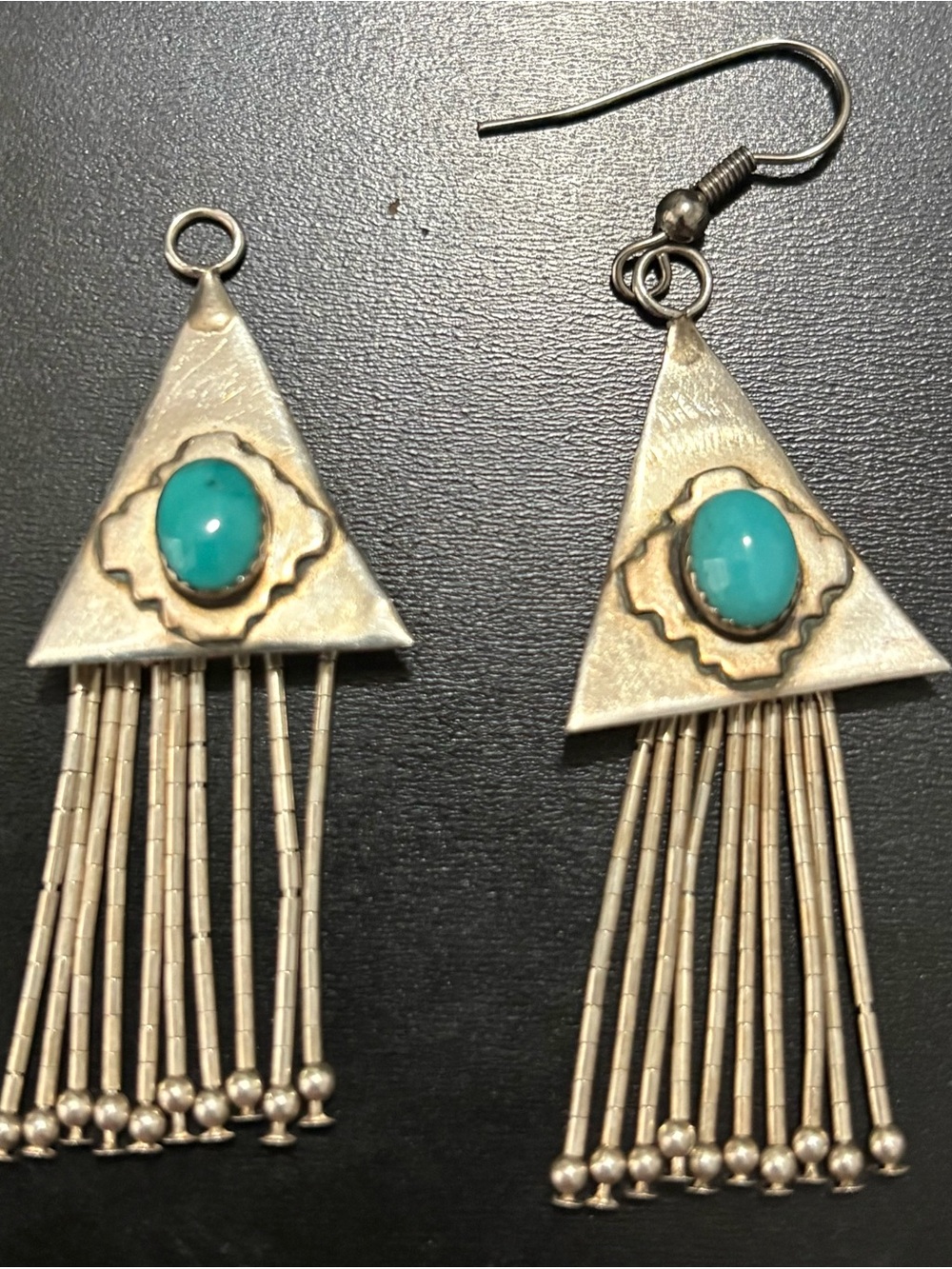 Turquoise Stone Silver Triangle Fringe Earrings - Missing Left Hook